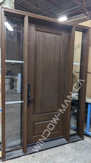 front entry door fiberglass with sidelights stained in walnut with multi point locking system oak grain, 8 foot, 96 inches