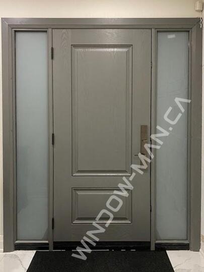 front entry doors with glass fiberglass with sidelights in windwswept smoke with 3 point lock
