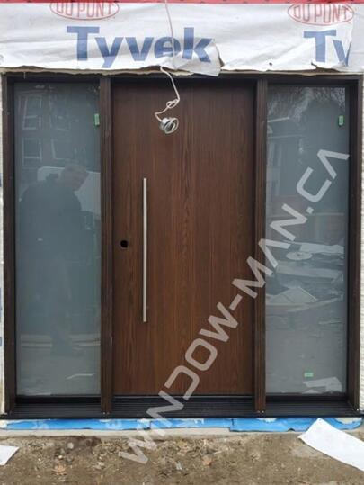 glass door front door fiberglass with sidelights stained in dark oak with pull bar handles oak grain
