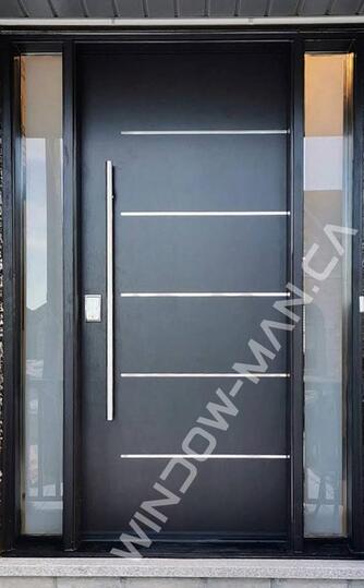 glass front entrance doors fiberglass with sidelights in black with pull bar handle mahogany, stainless stripes design