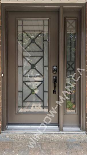 install new exterior door with sidelight in smoke timber with century full wrought iron glass