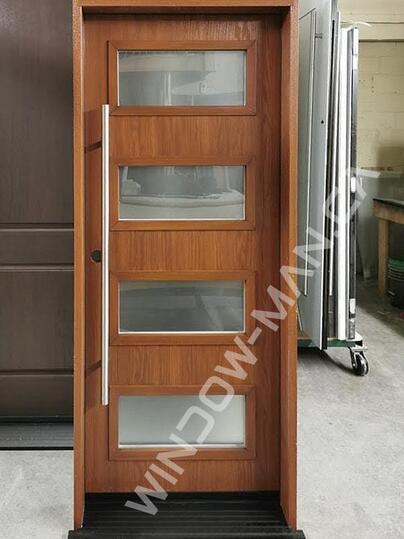 modern brown door fiberglass single stained in danish walnut shaker private glass with pull bars oak grain, groove design