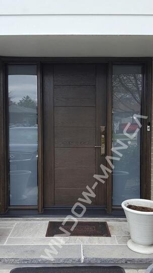 modern entry fiberglass with sidelights stained in walnut with 3 point lock oak grain, grooving design