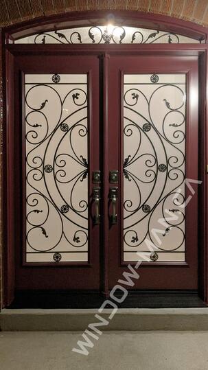 red front doors double in burgundy with campbellsford full wrought iron glass with round transom