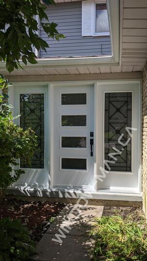 three-panel-door with sidelights in white shaker acid etched glass wide sidelight, triple door