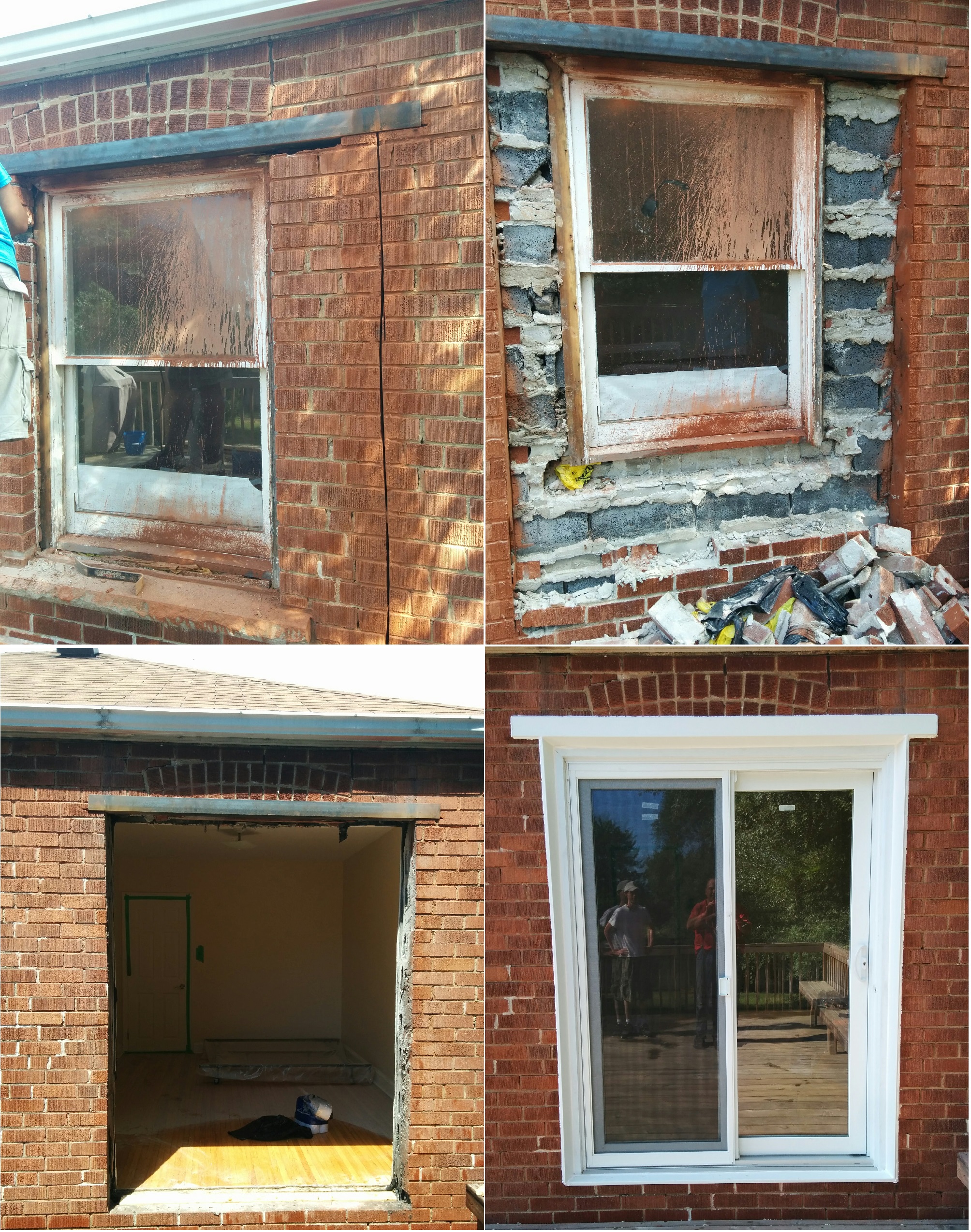 Cut our brick and block. Install a metall Lintel to create a new doorway in an existing brick and block wall. Double brick. Sliding door installation. Aluminum flashing